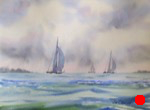eascape, boat, sailboat, storm, sky, waves, oberst, watercolor, painting